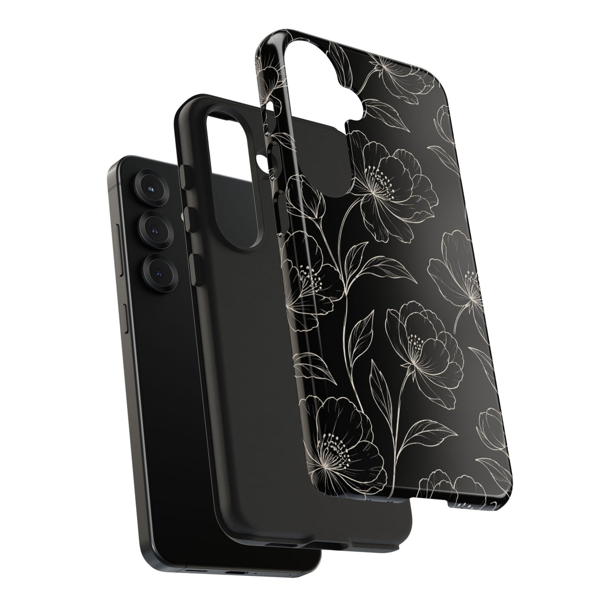 Black Floral Tough Phone Case – White Line Art Flowers Protective Cover