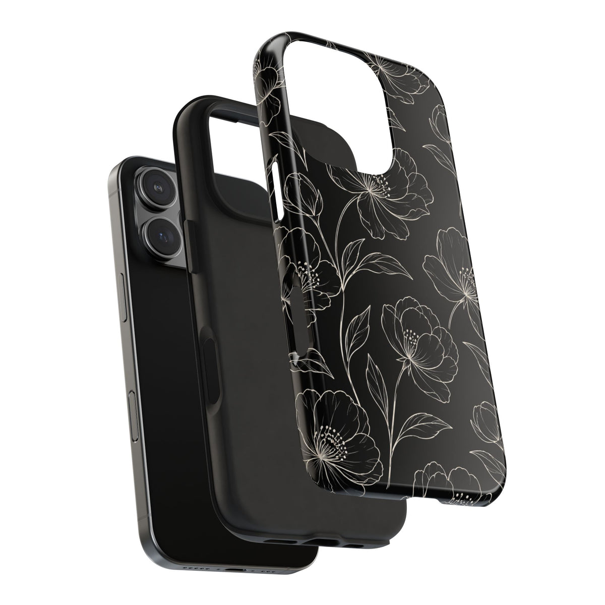 Black Floral Tough Phone Case – White Line Art Flowers Protective Cover