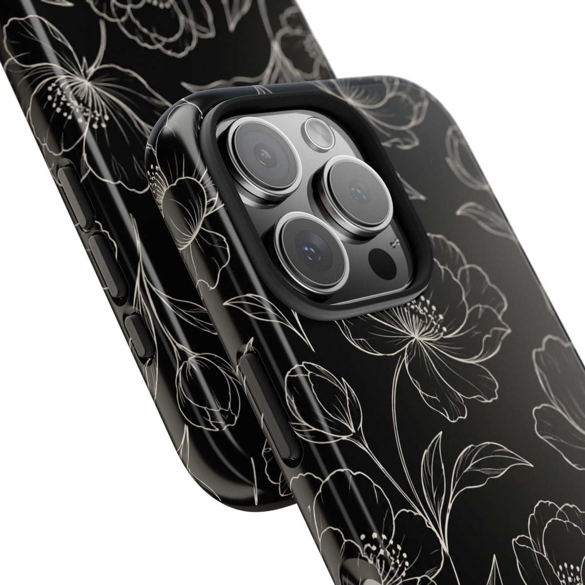 Black Floral Tough Phone Case – White Line Art Flowers Protective Cover