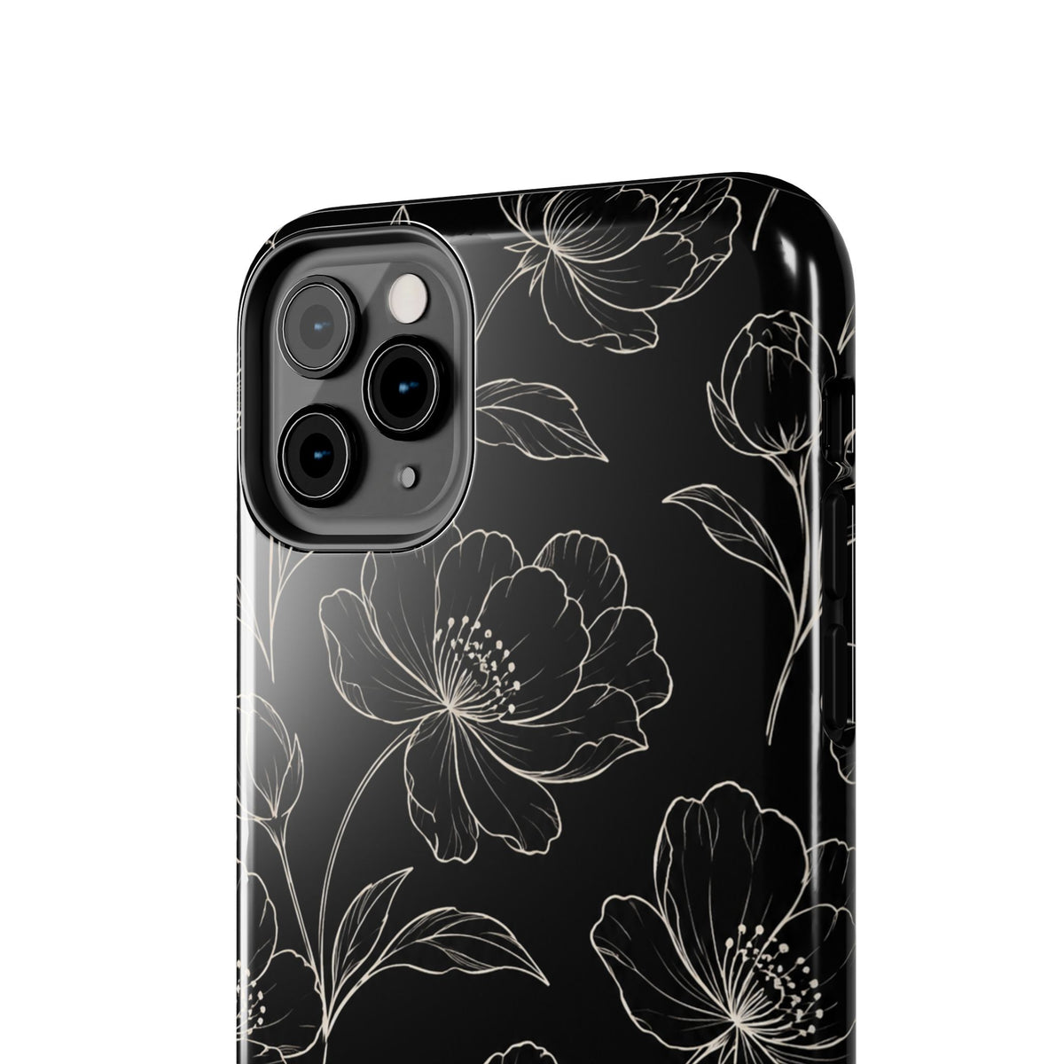 Black Floral Tough Phone Case – White Line Art Flowers Protective Cover