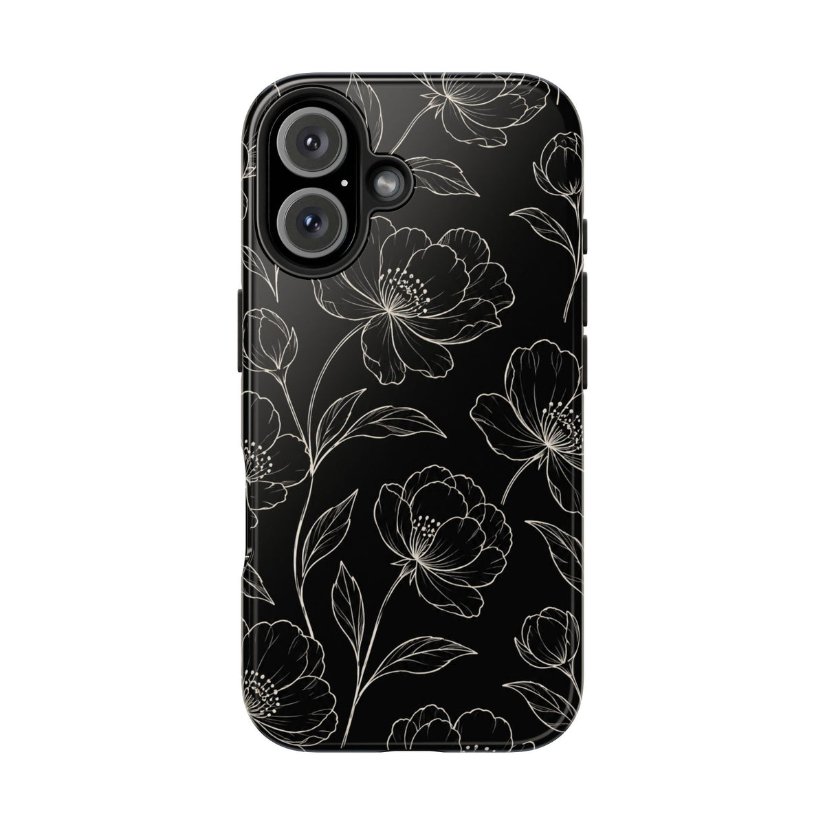 Black Floral Tough Phone Case – White Line Art Flowers Protective Cover