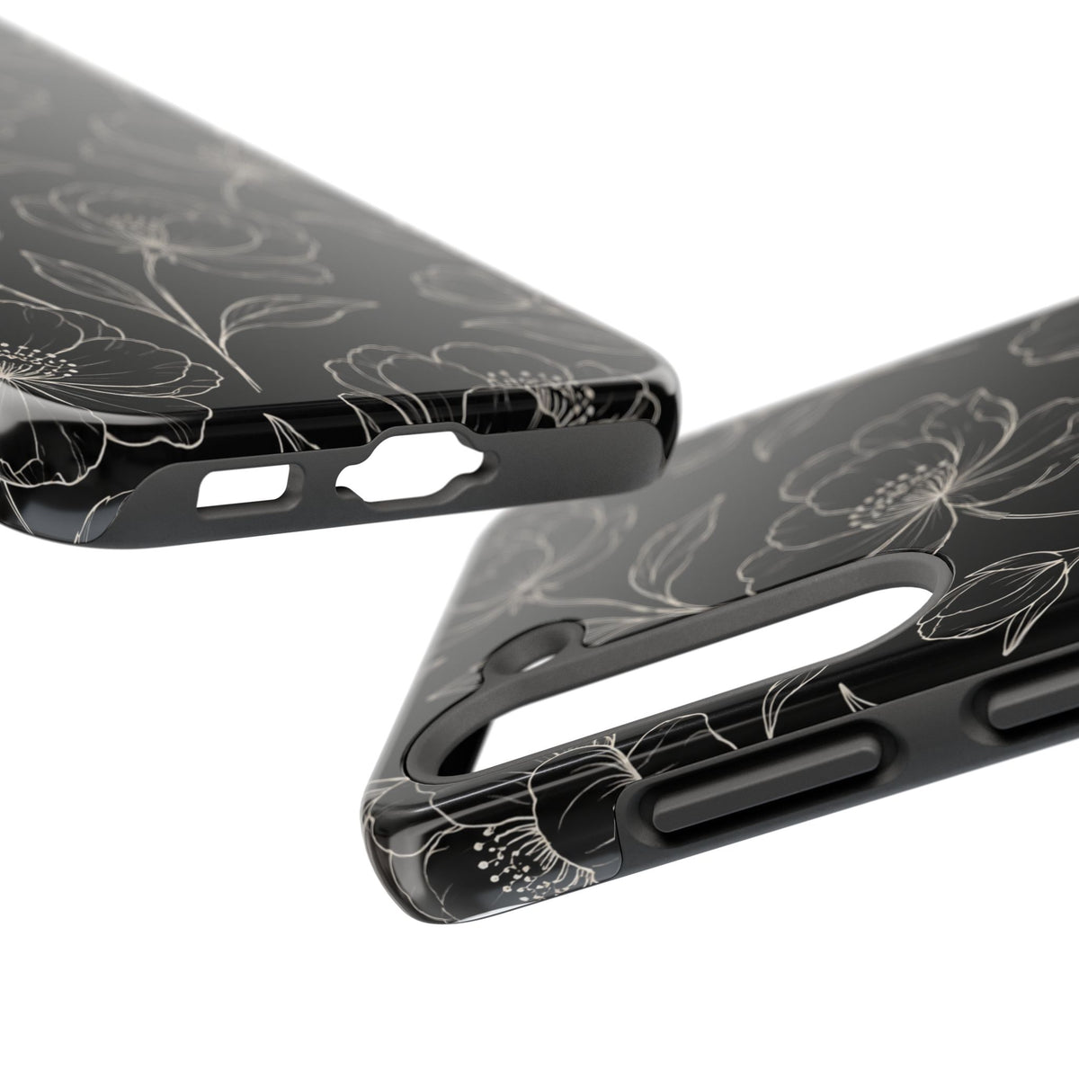 Black Floral Tough Phone Case – White Line Art Flowers Protective Cover
