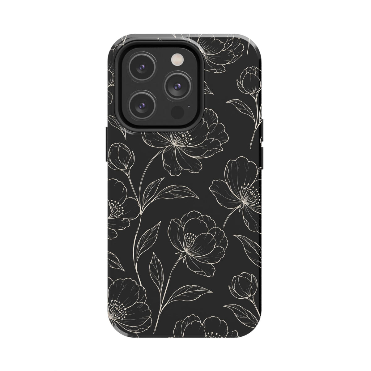 Black Floral Tough Phone Case – White Line Art Flowers Protective Cover