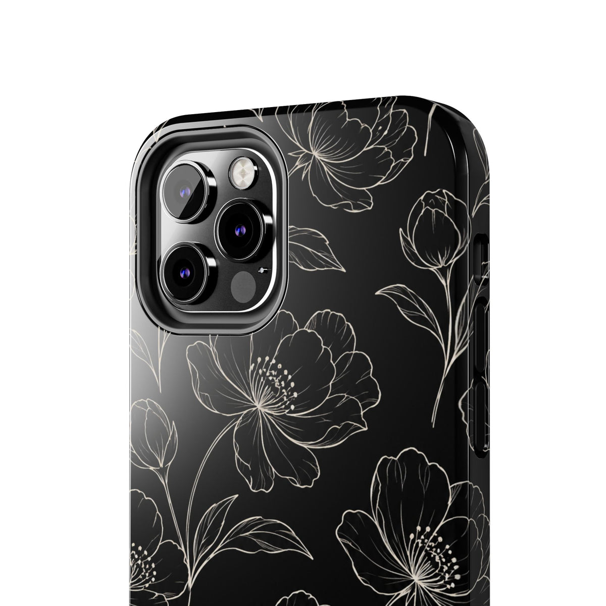 Black Floral Tough Phone Case – White Line Art Flowers Protective Cover