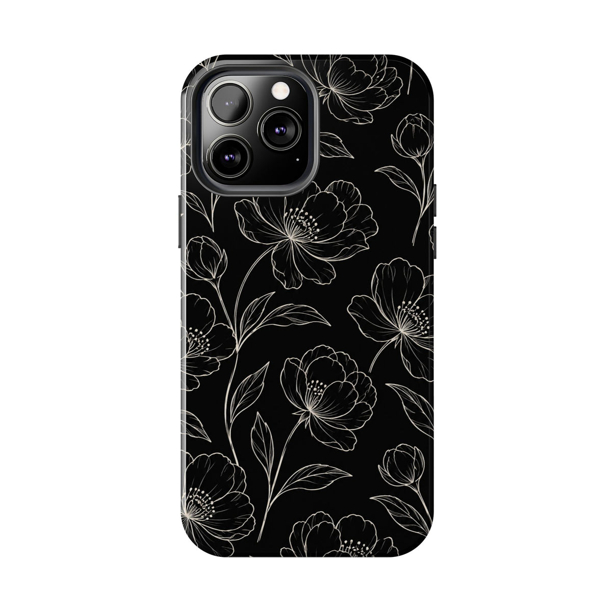 Black Floral Tough Phone Case – White Line Art Flowers Protective Cover