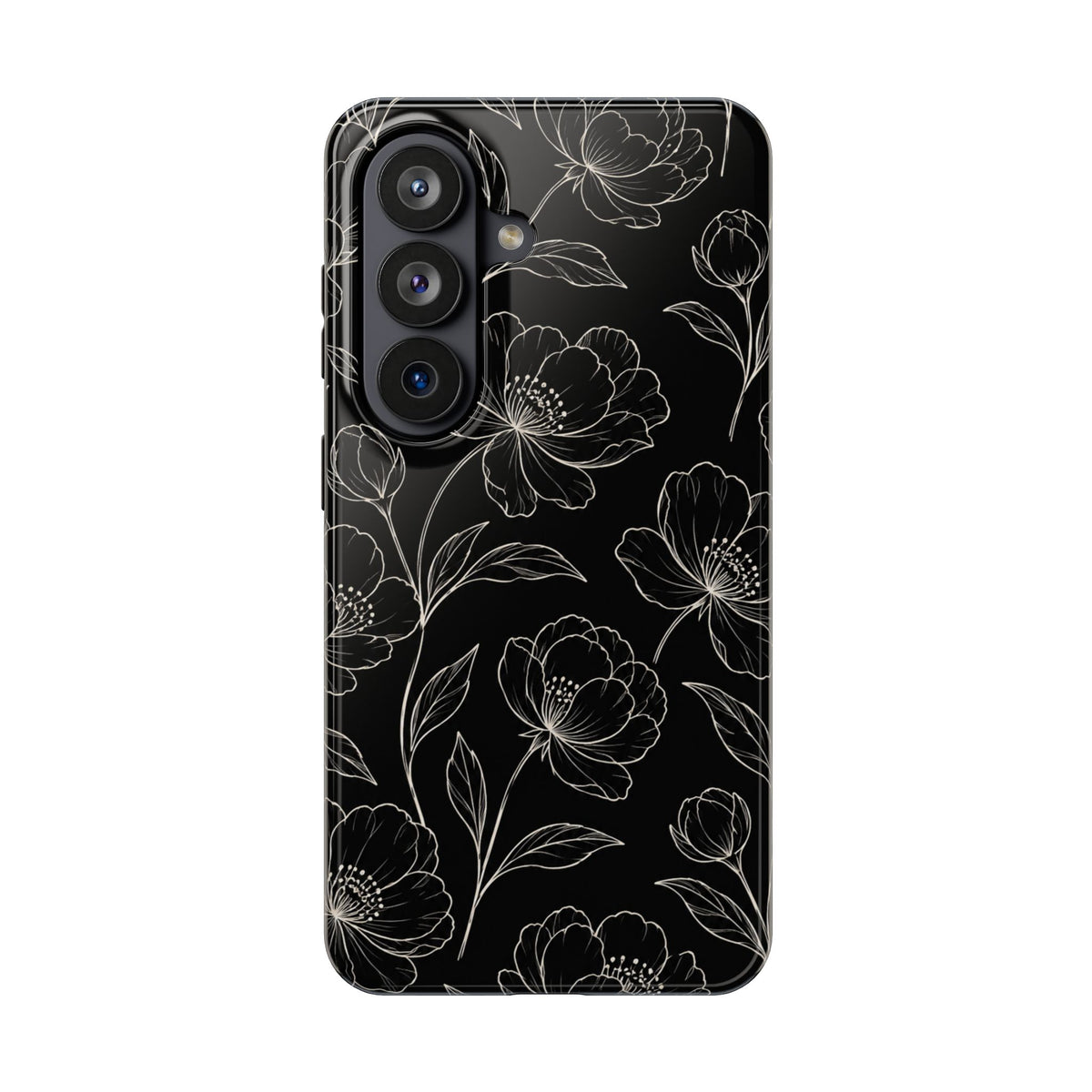 Black Floral Tough Phone Case – White Line Art Flowers Protective Cover