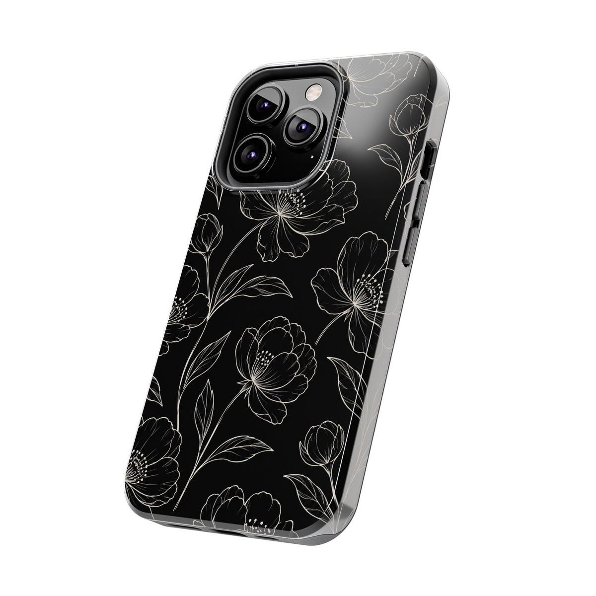 Black Floral Tough Phone Case – White Line Art Flowers Protective Cover