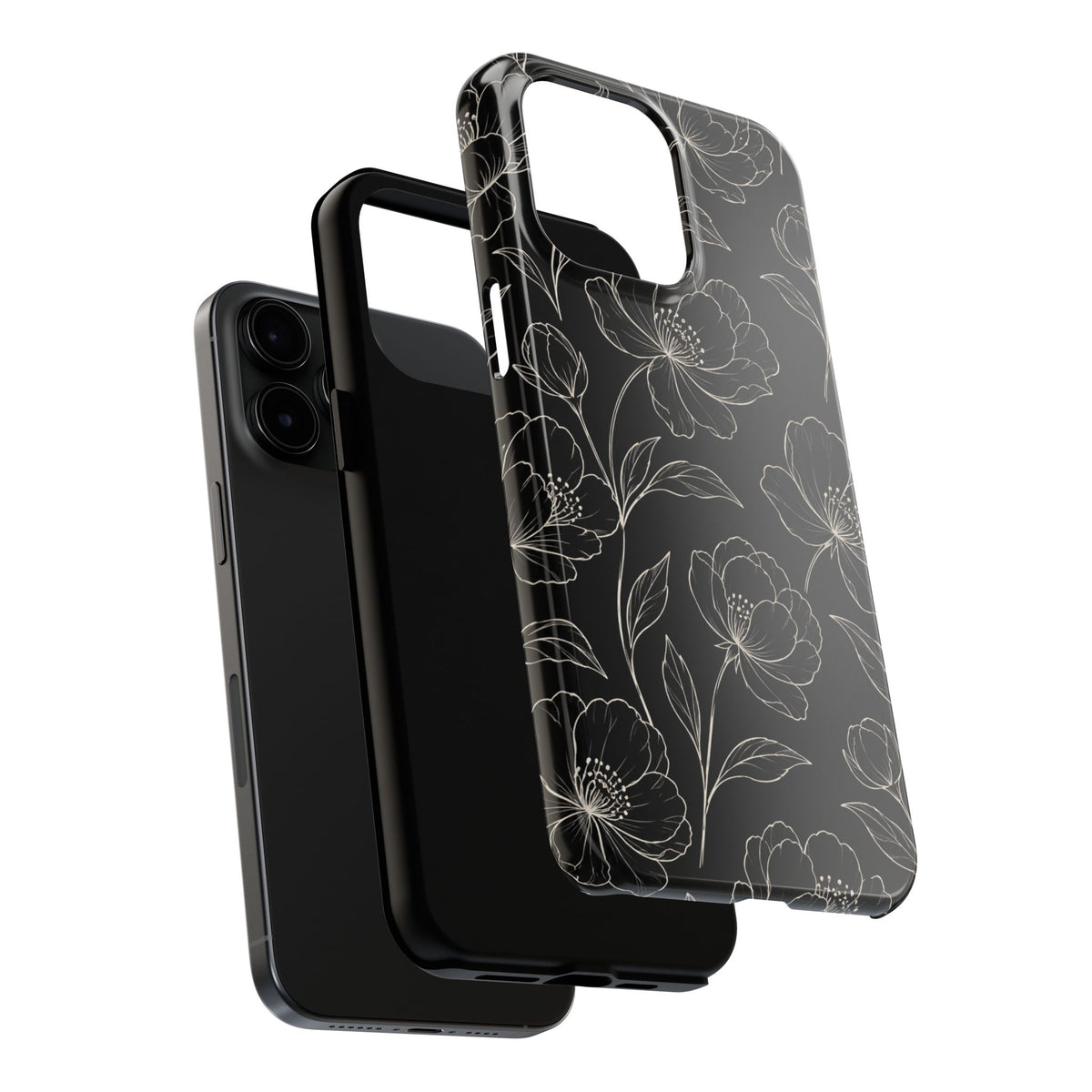 Black Floral Tough Phone Case – White Line Art Flowers Protective Cover