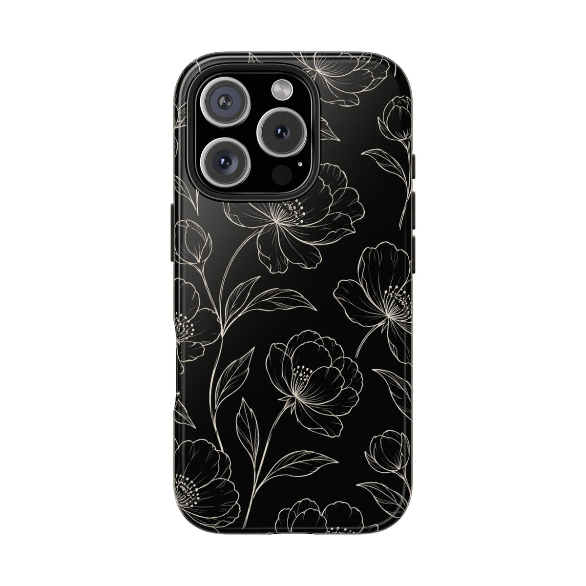 Black Floral Tough Phone Case – White Line Art Flowers Protective Cover