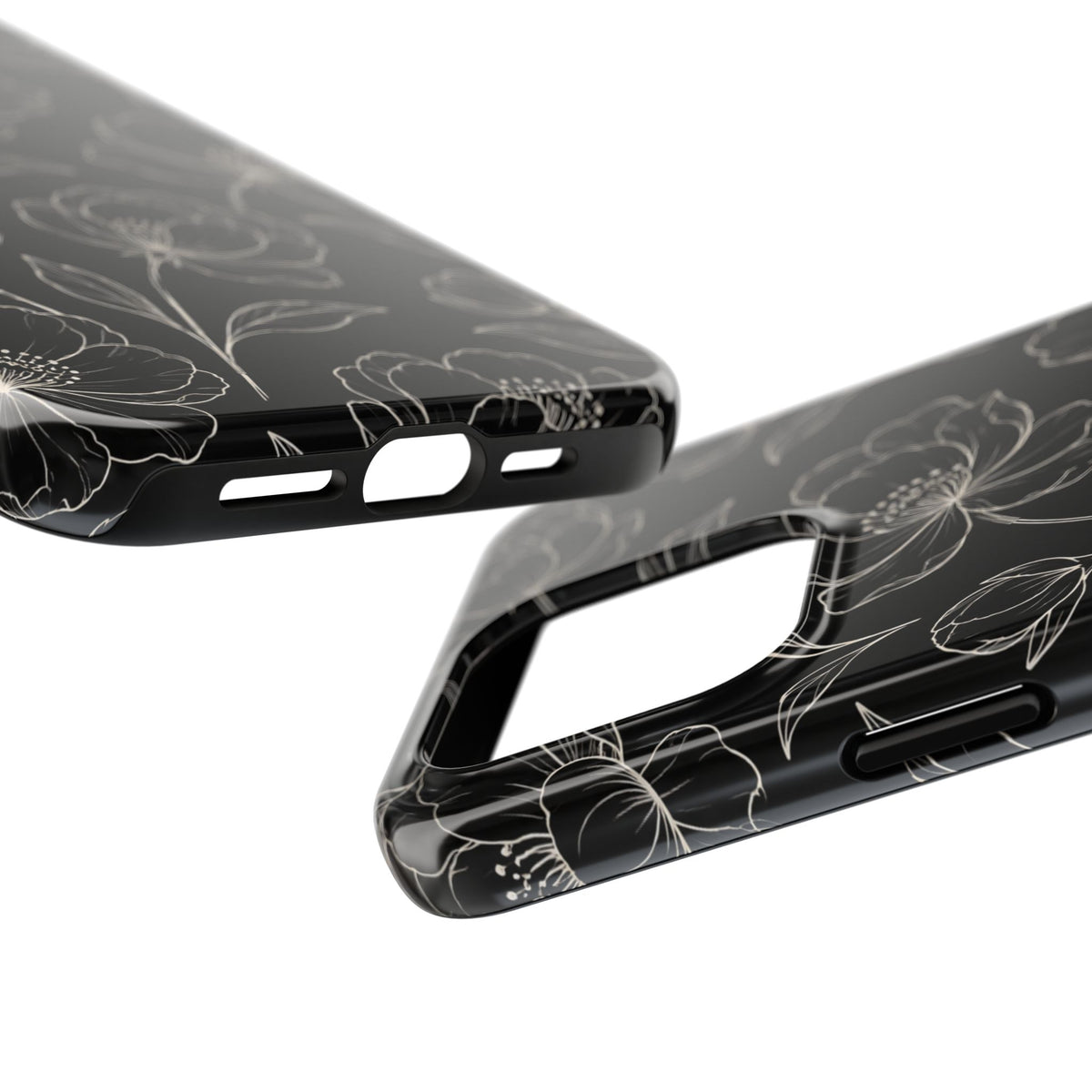 Black Floral Tough Phone Case – White Line Art Flowers Protective Cover