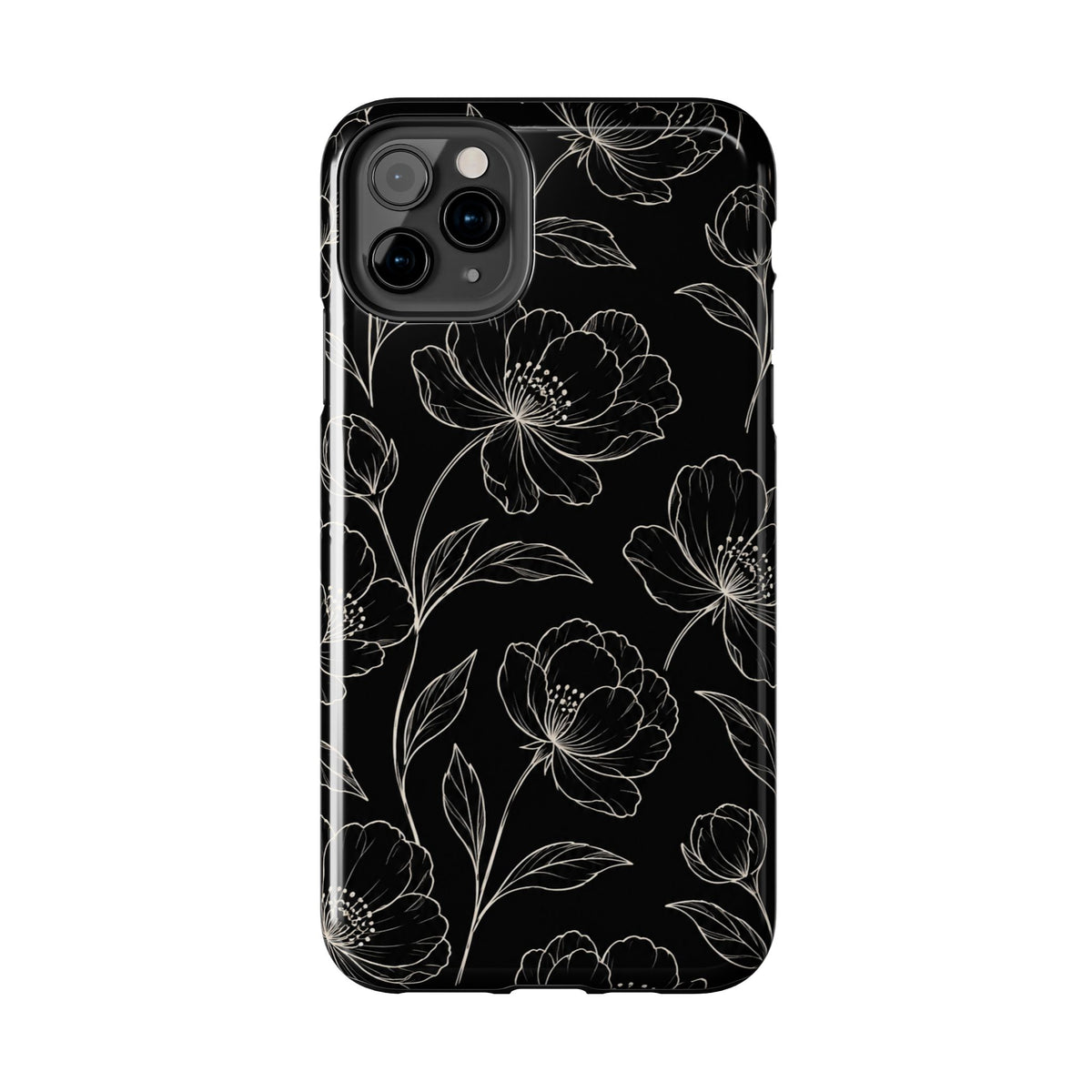 Black Floral Tough Phone Case – White Line Art Flowers Protective Cover