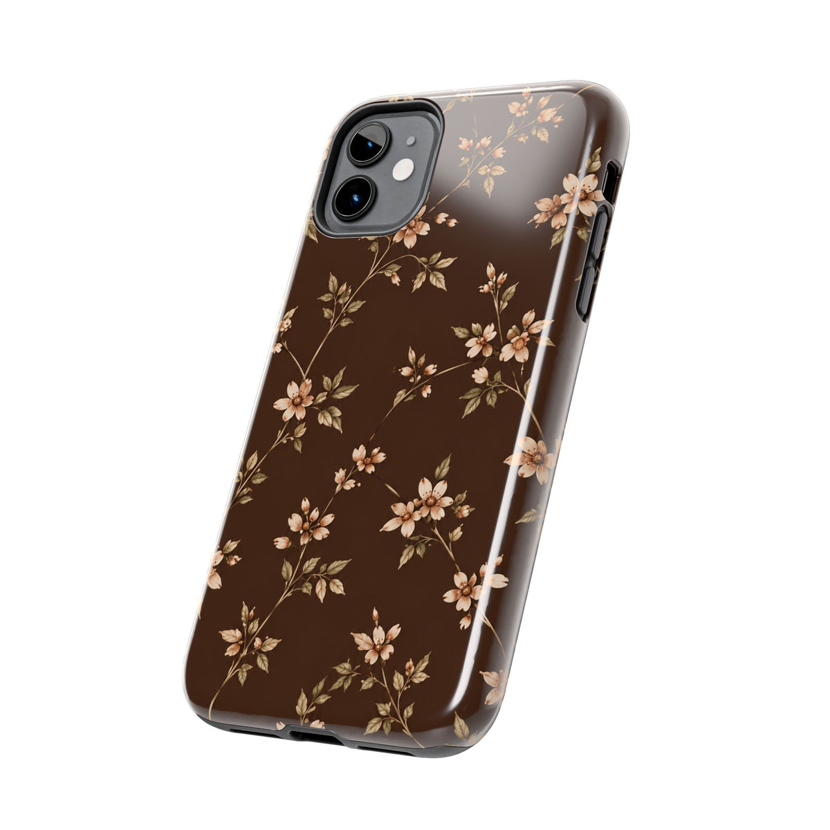 Floral Brown Tough Phone Case — Vintage Cherry Blossom Protective Cover