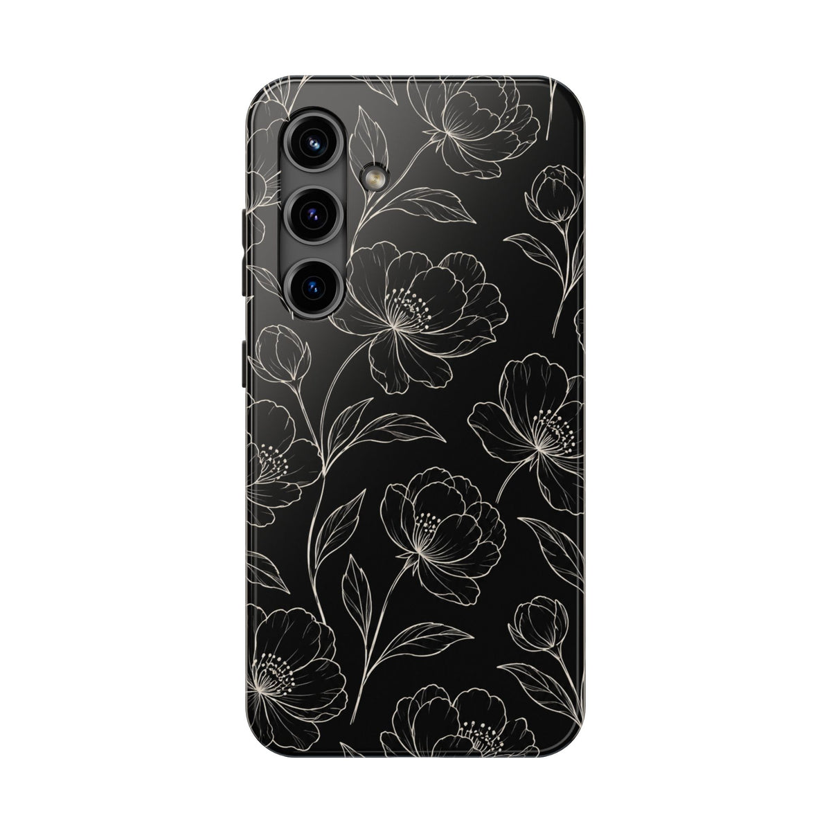 Black Floral Tough Phone Case – White Line Art Flowers Protective Cover