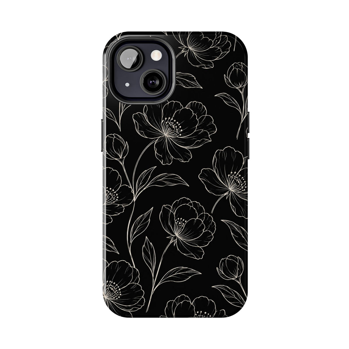 Black Floral Tough Phone Case – White Line Art Flowers Protective Cover