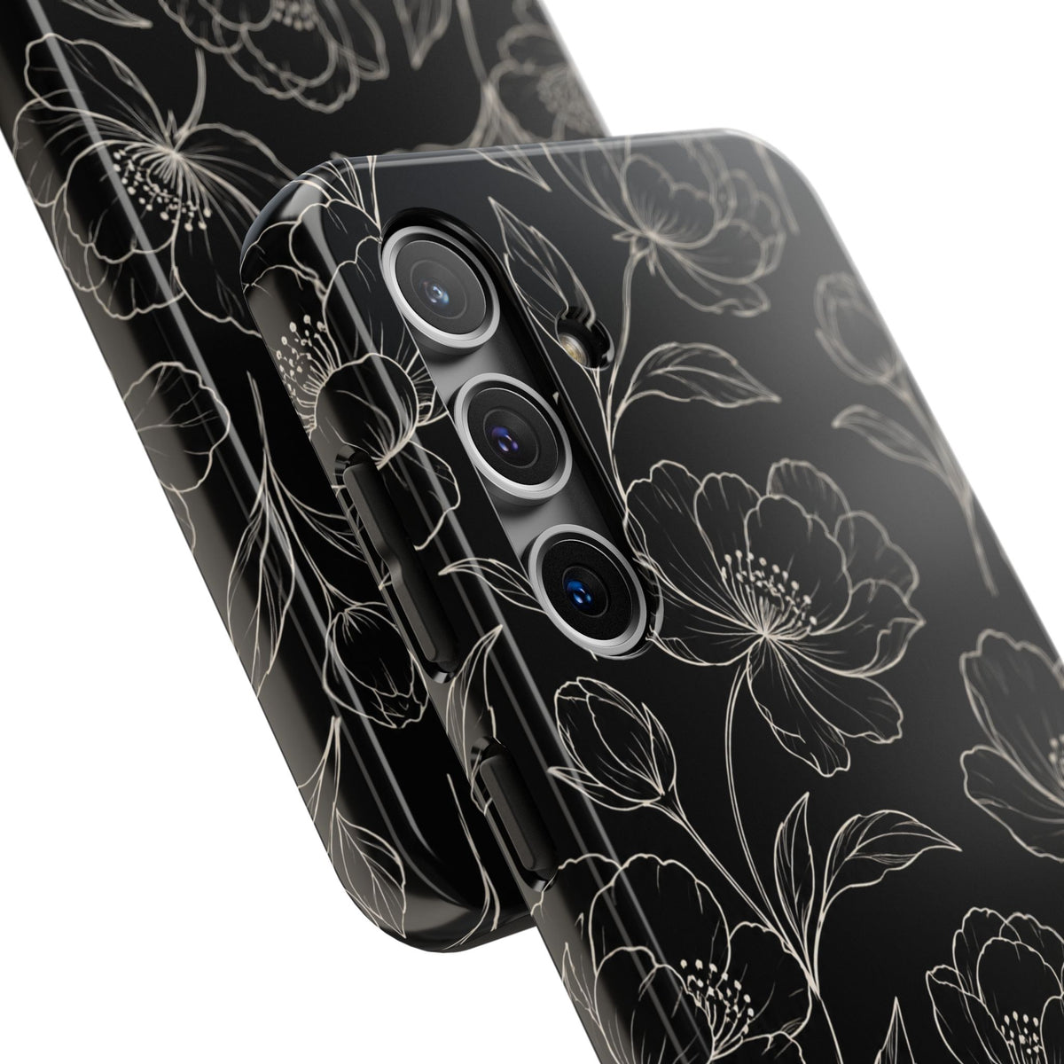 Black Floral Tough Phone Case – White Line Art Flowers Protective Cover