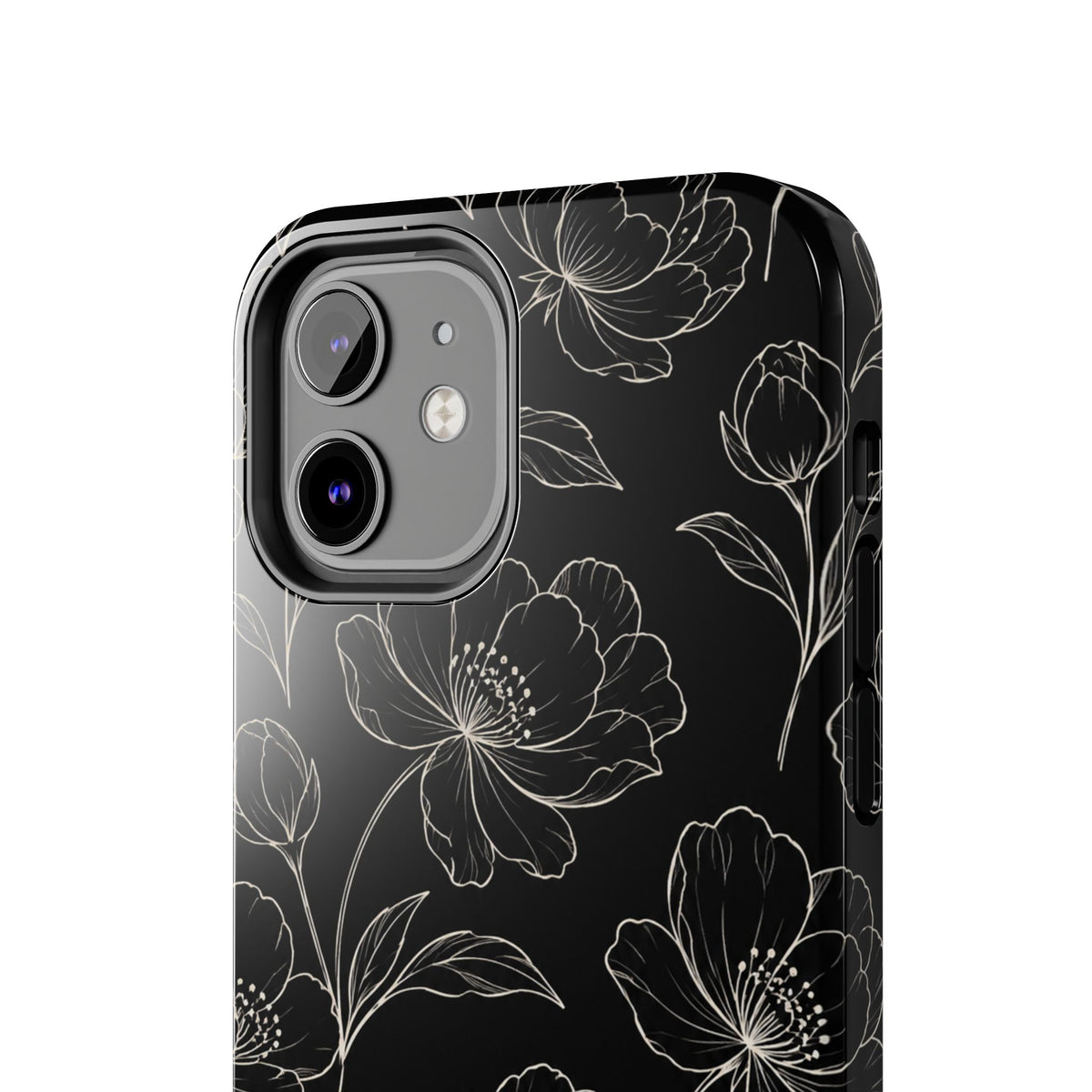Black Floral Tough Phone Case – White Line Art Flowers Protective Cover