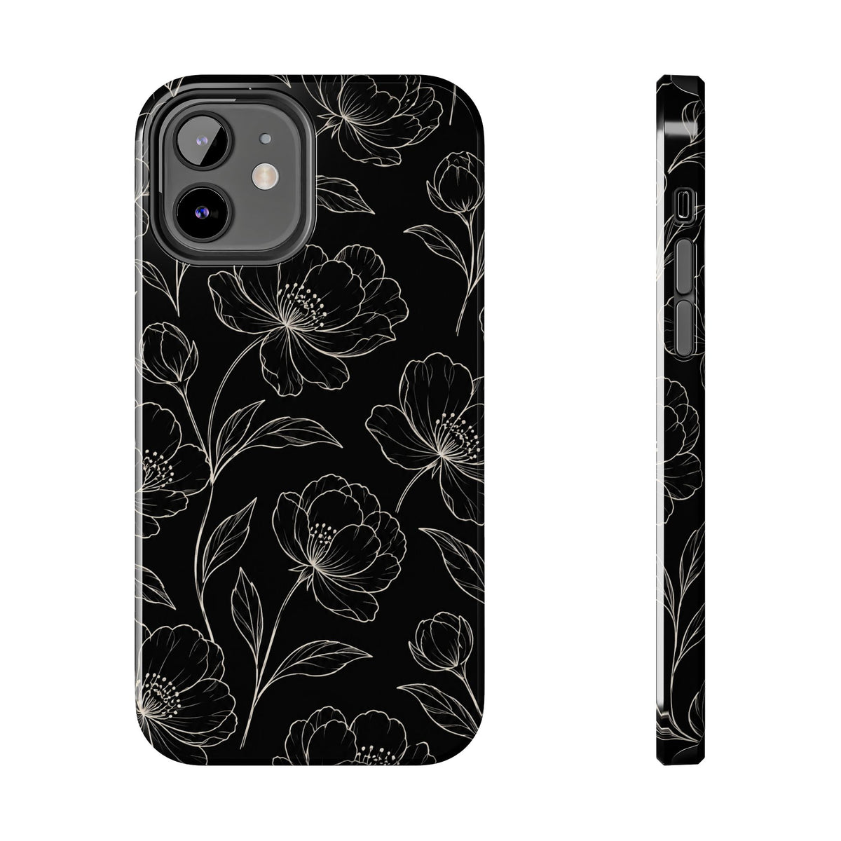 Black Floral Tough Phone Case – White Line Art Flowers Protective Cover