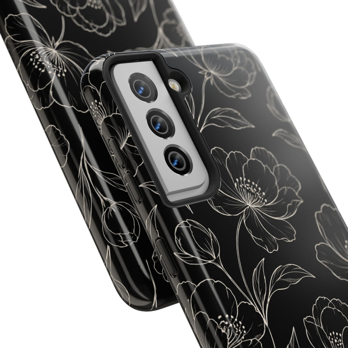 Black Floral Tough Phone Case – White Line Art Flowers Protective Cover