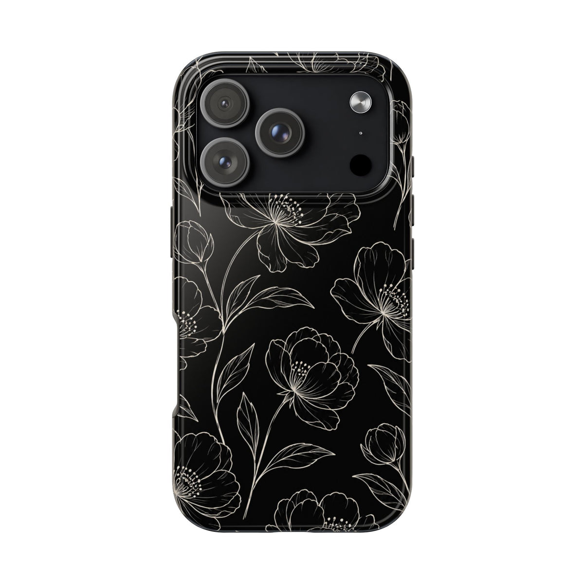 Black Floral Tough Phone Case – White Line Art Flowers Protective Cover