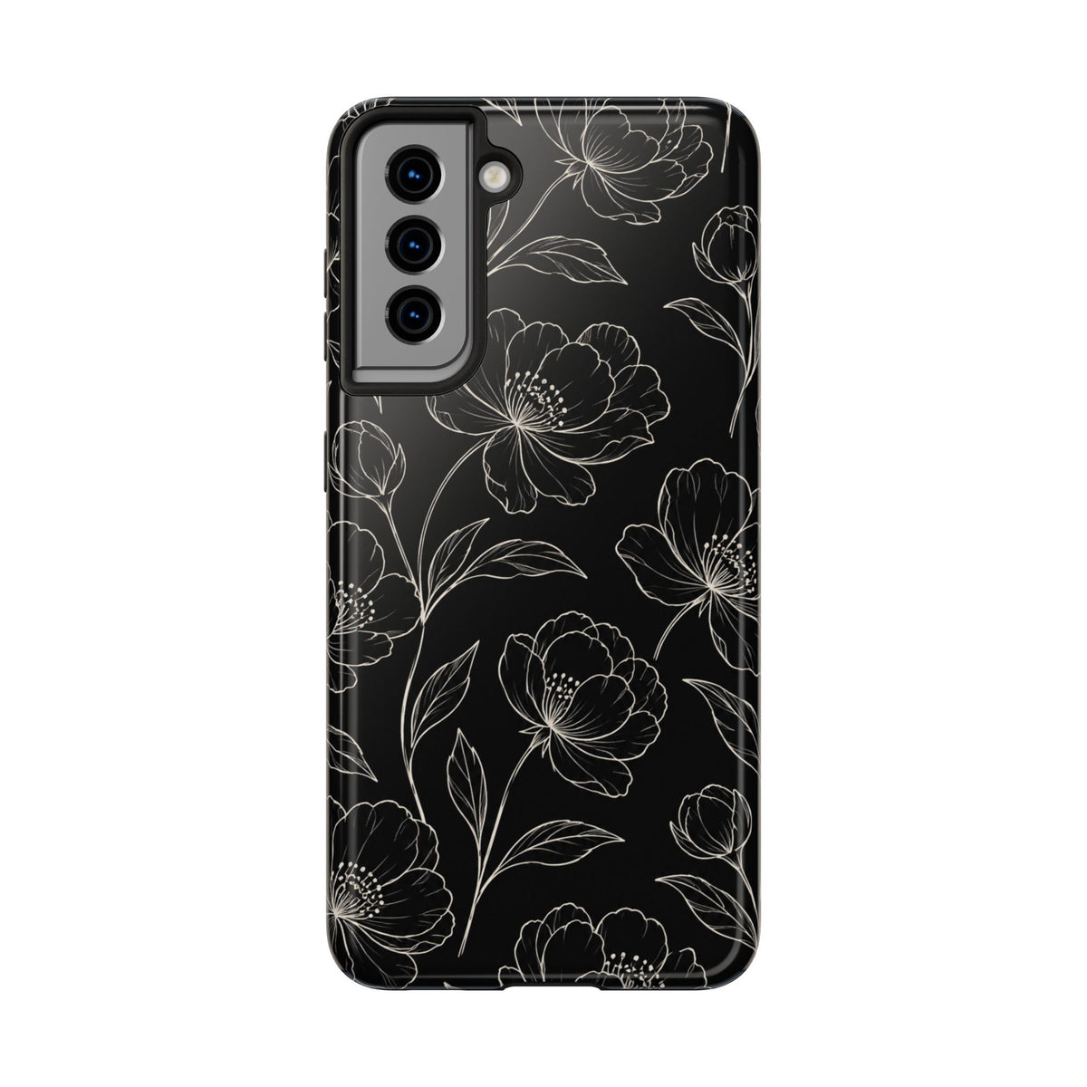 Black Floral Tough Phone Case – White Line Art Flowers Protective Cover