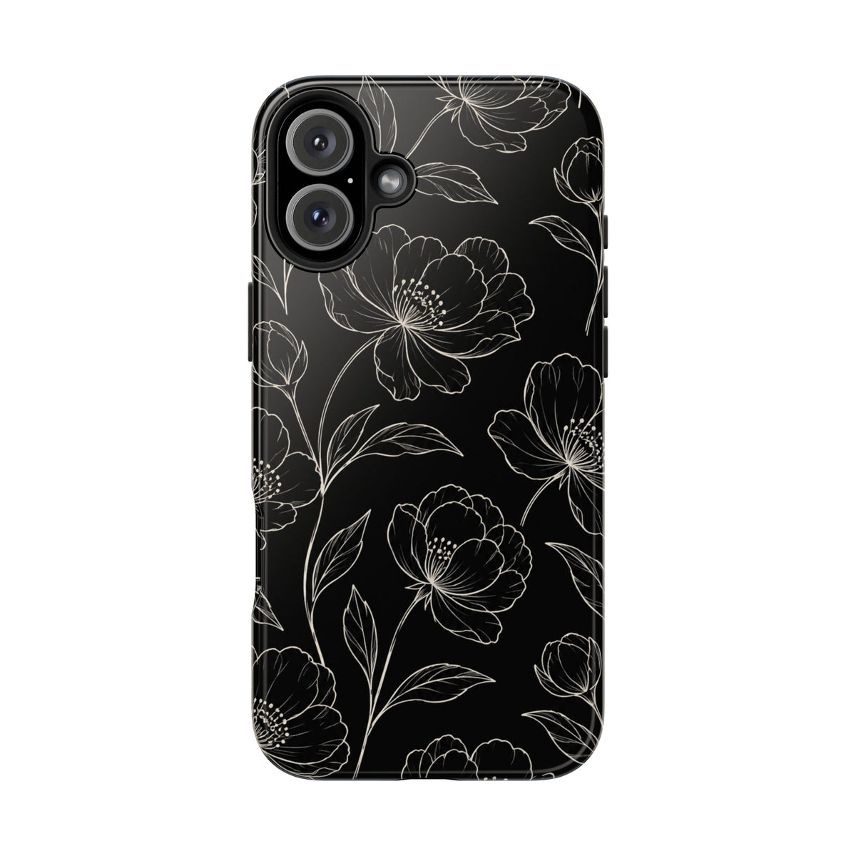 Black Floral Tough Phone Case – White Line Art Flowers Protective Cover