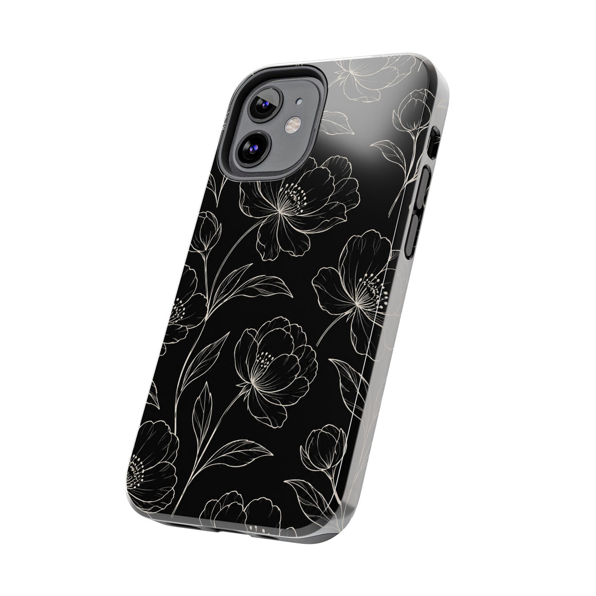 Black Floral Tough Phone Case – White Line Art Flowers Protective Cover