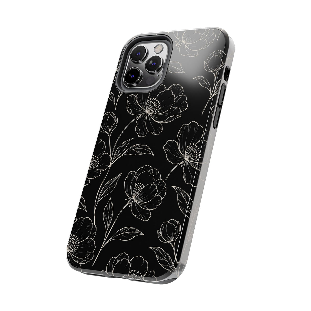 Black Floral Tough Phone Case – White Line Art Flowers Protective Cover