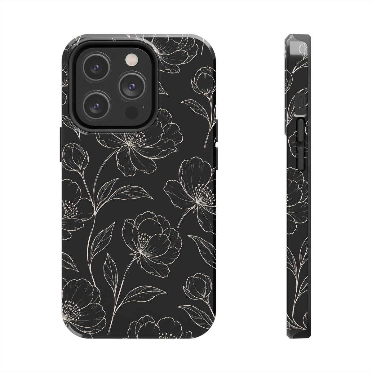 Black Floral Tough Phone Case – White Line Art Flowers Protective Cover