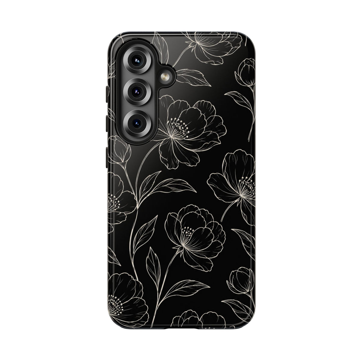 Black Floral Tough Phone Case – White Line Art Flowers Protective Cover
