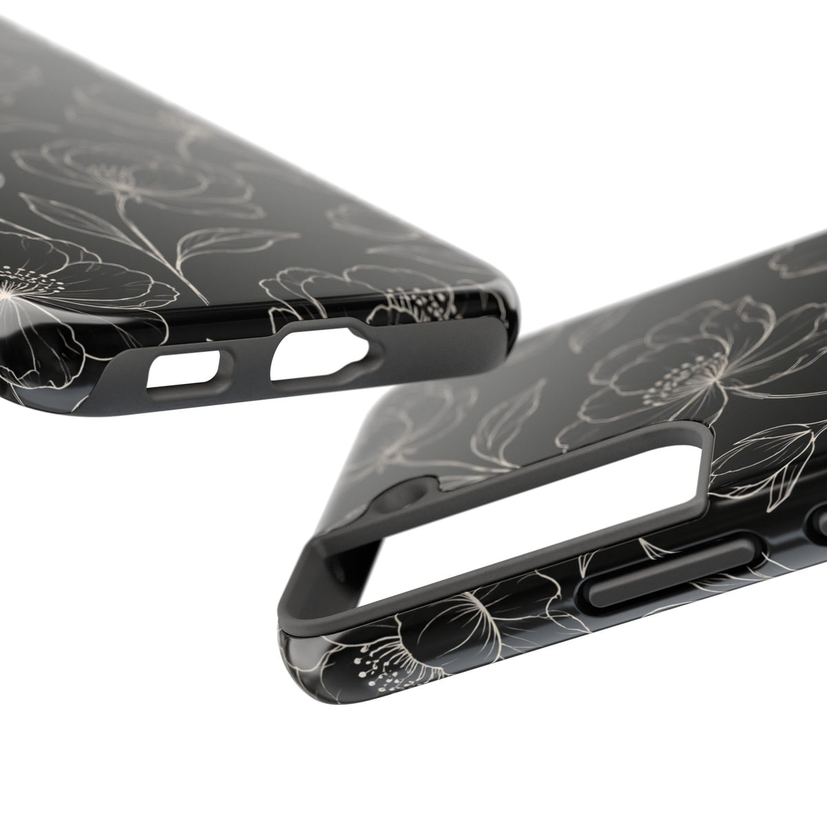Black Floral Tough Phone Case – White Line Art Flowers Protective Cover