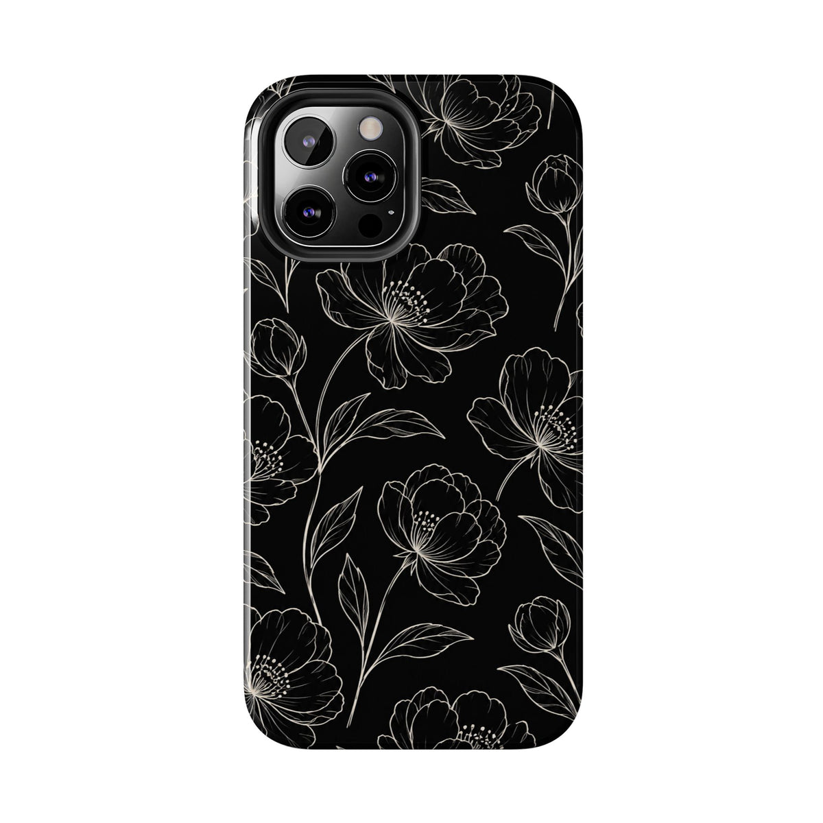 Black Floral Tough Phone Case – White Line Art Flowers Protective Cover