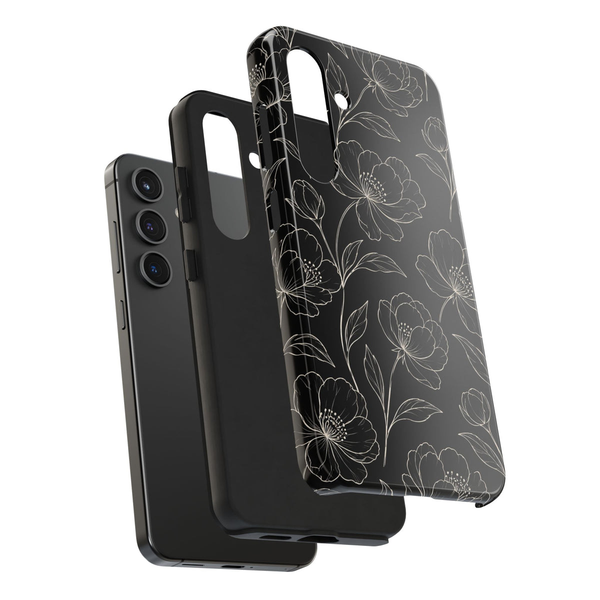 Black Floral Tough Phone Case – White Line Art Flowers Protective Cover
