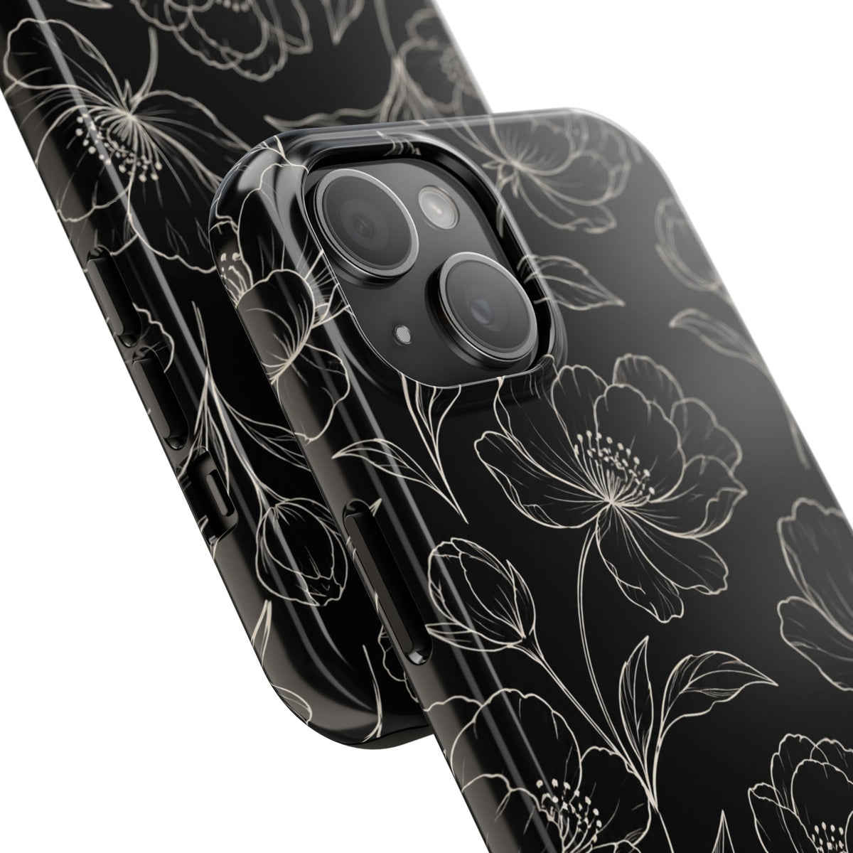 Black Floral Tough Phone Case – White Line Art Flowers Protective Cover