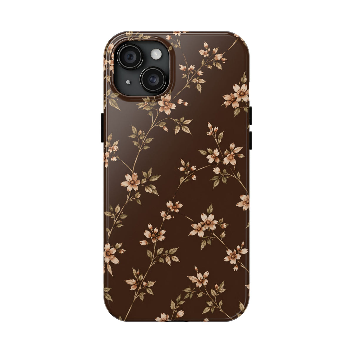 Floral Brown Tough Phone Case — Vintage Cherry Blossom Protective Cover