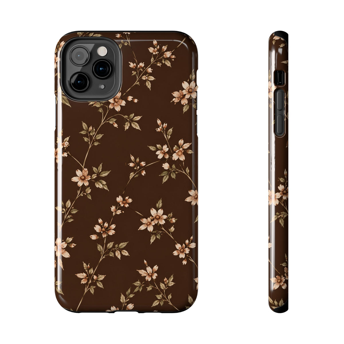 Floral Brown Tough Phone Case — Vintage Cherry Blossom Protective Cover