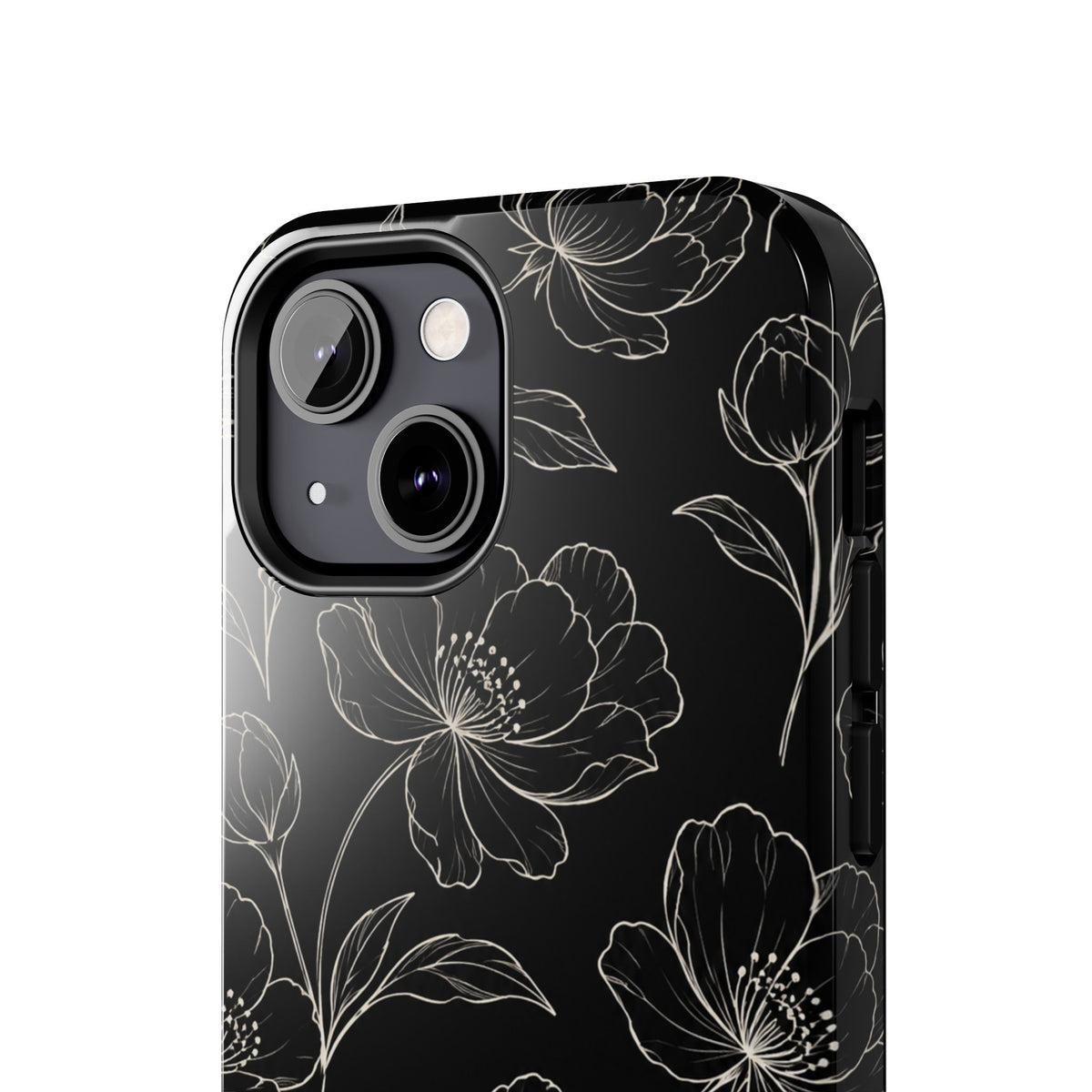 Black Floral Tough Phone Case – White Line Art Flowers Protective Cover