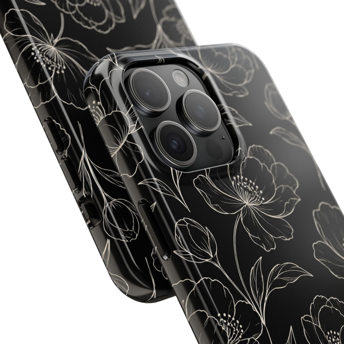 Black Floral Tough Phone Case – White Line Art Flowers Protective Cover