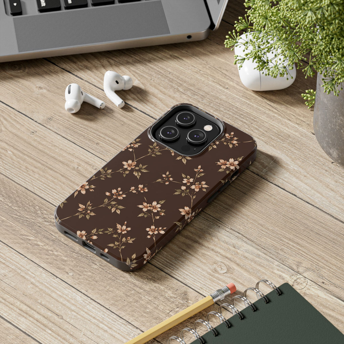 Floral Brown Tough Phone Case — Vintage Cherry Blossom Protective Cover