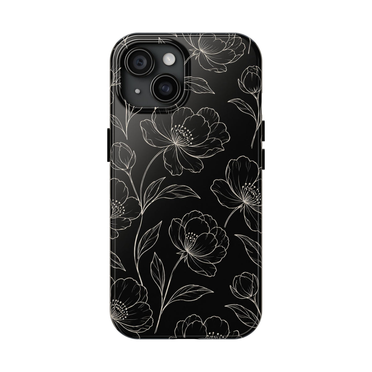Black Floral Tough Phone Case – White Line Art Flowers Protective Cover