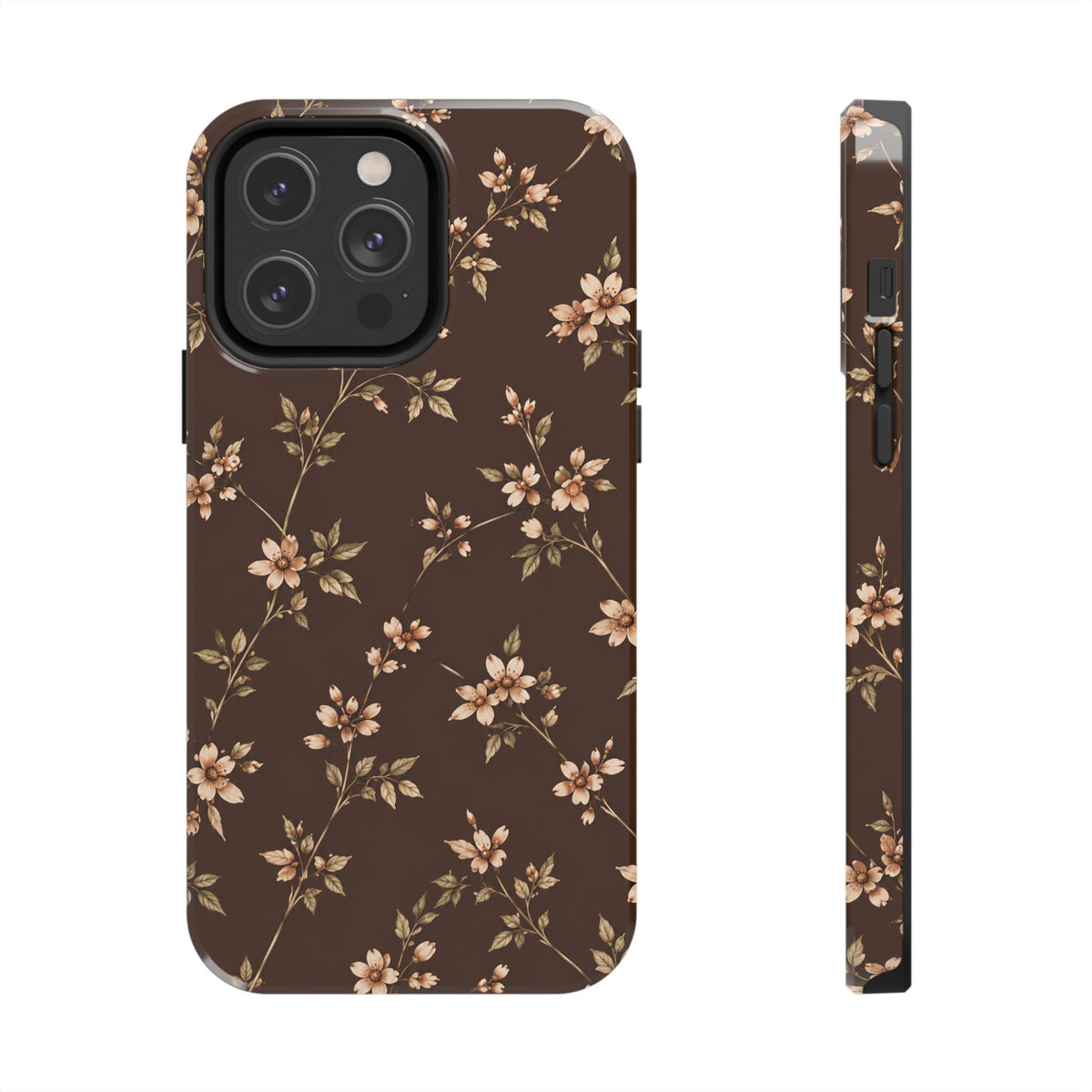 Floral Brown Tough Phone Case — Vintage Cherry Blossom Protective Cover
