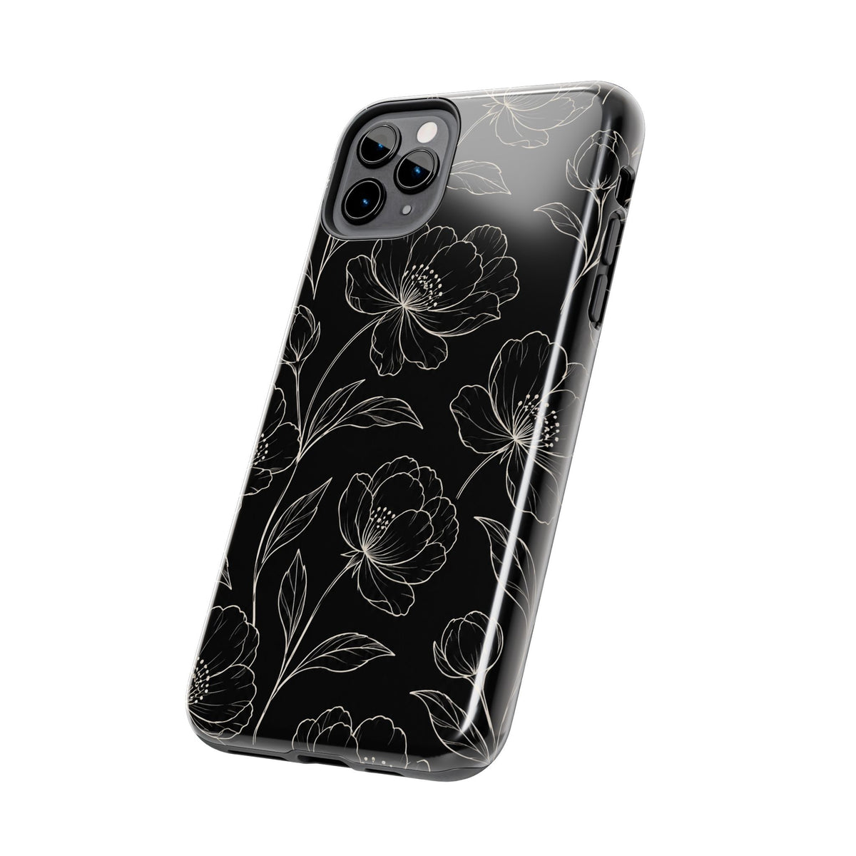 Black Floral Tough Phone Case – White Line Art Flowers Protective Cover