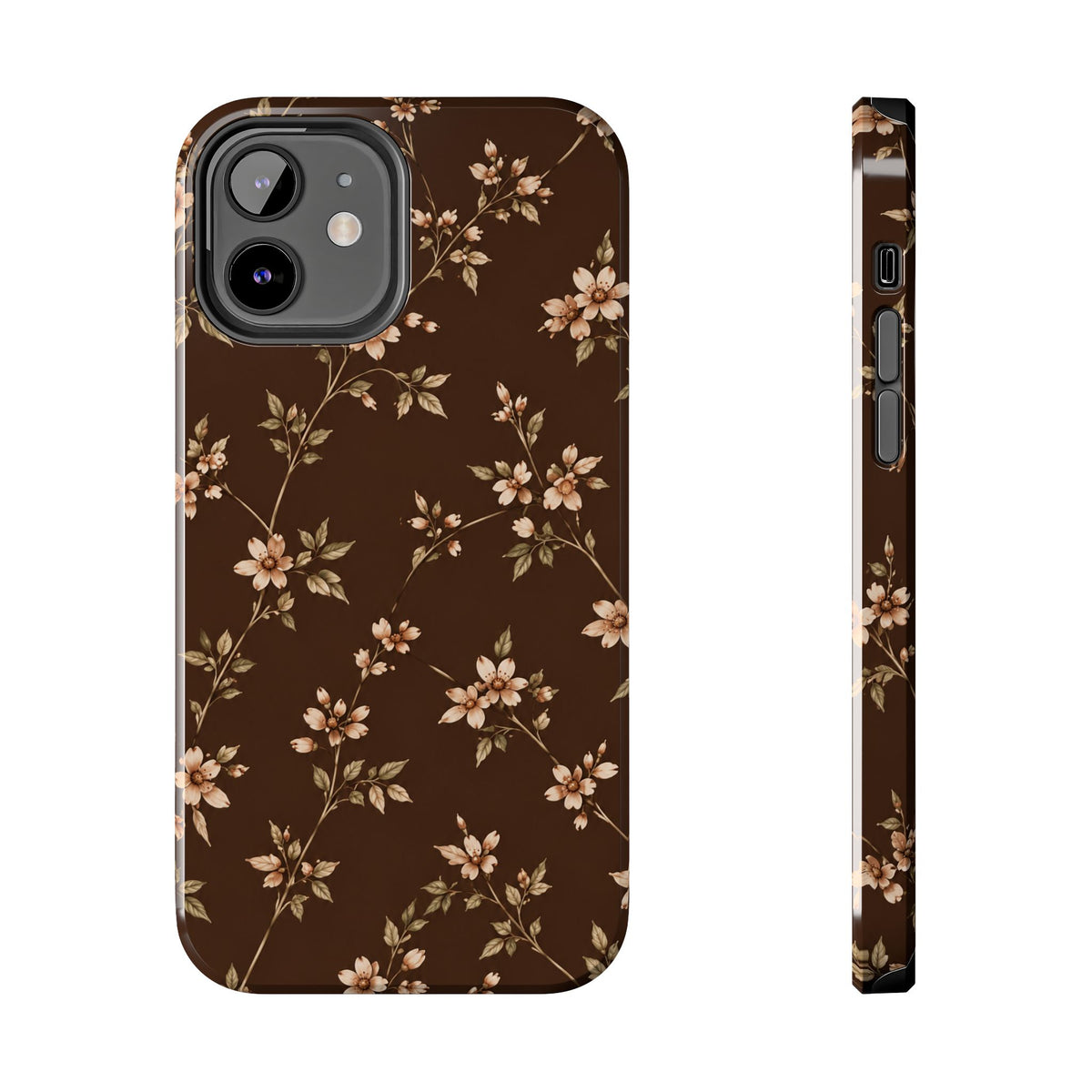 Floral Brown Tough Phone Case — Vintage Cherry Blossom Protective Cover