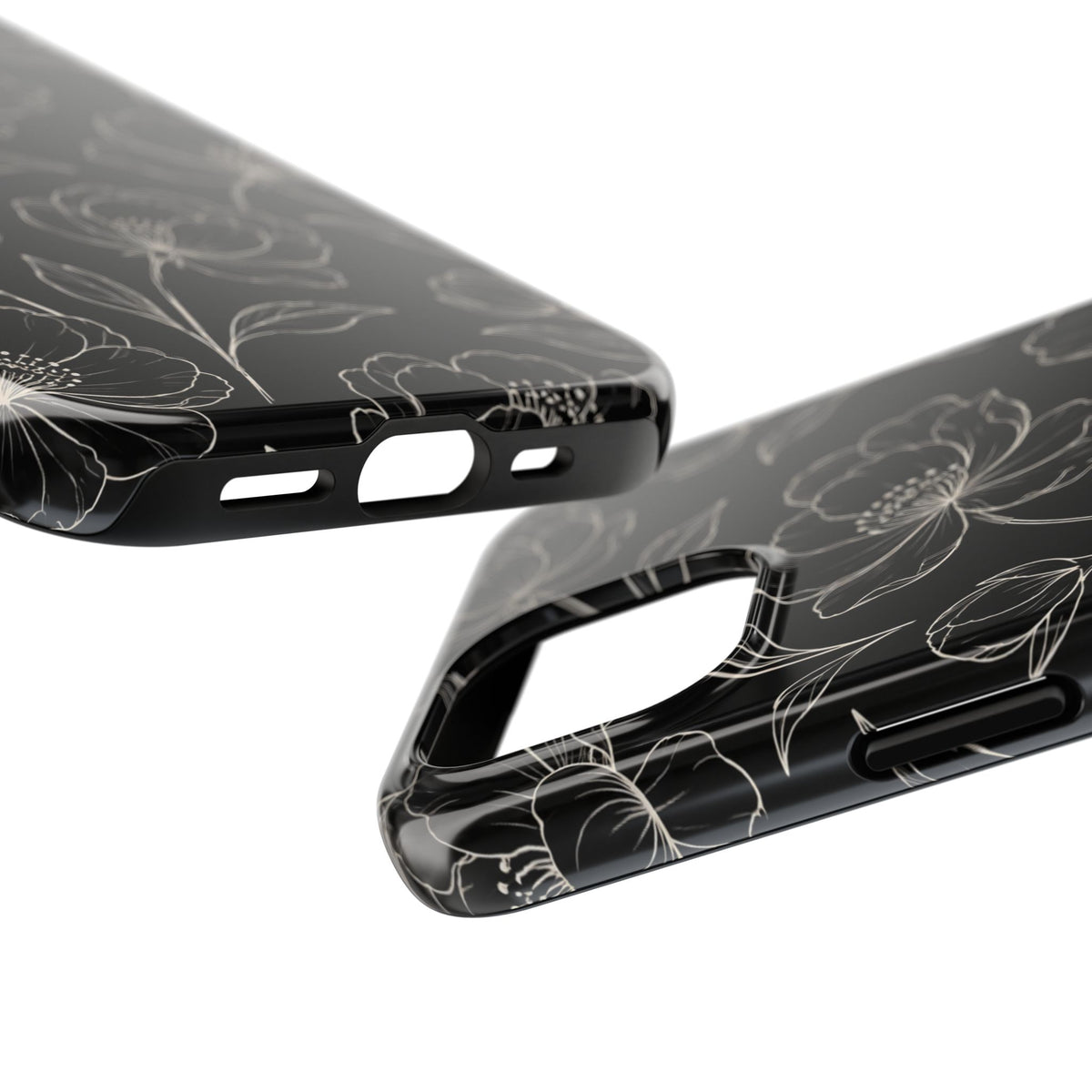 Black Floral Tough Phone Case – White Line Art Flowers Protective Cover