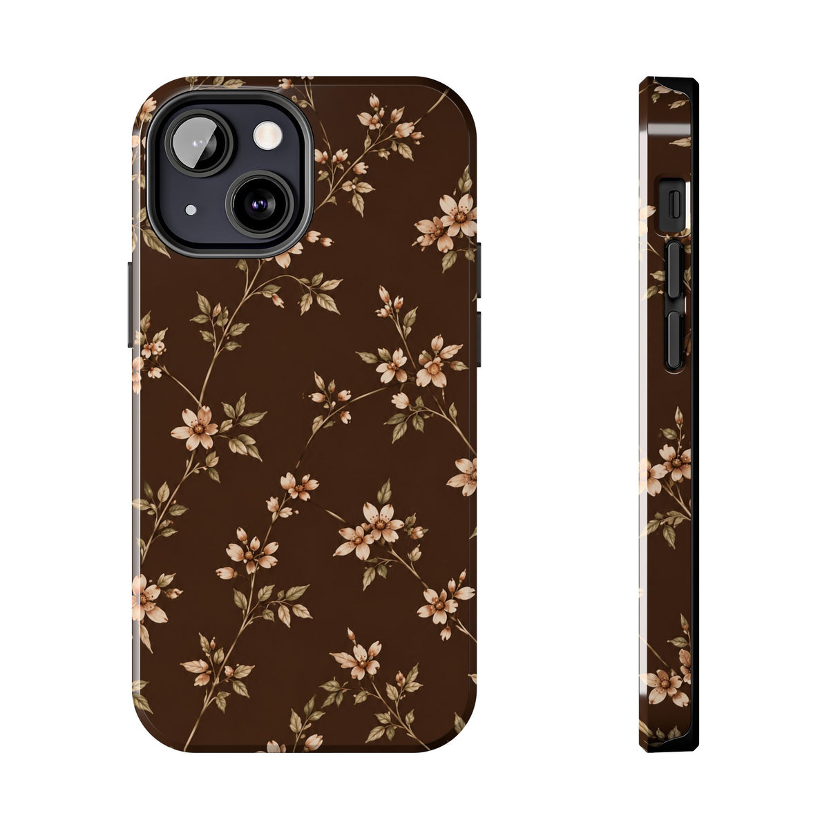 Floral Brown Tough Phone Case — Vintage Cherry Blossom Protective Cover