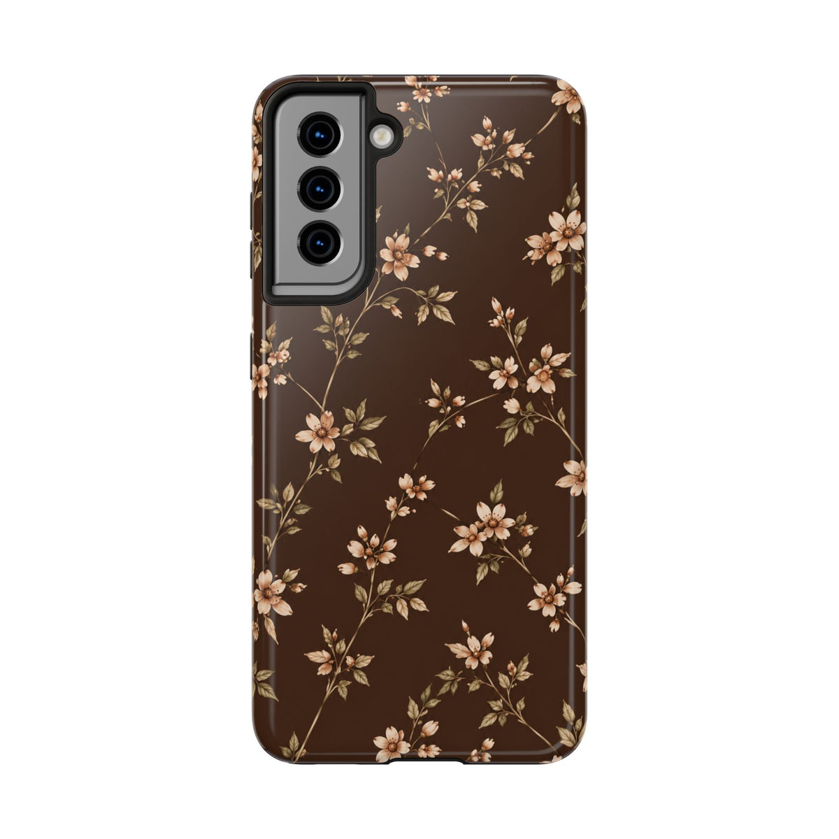 Floral Brown Tough Phone Case — Vintage Cherry Blossom Protective Cover