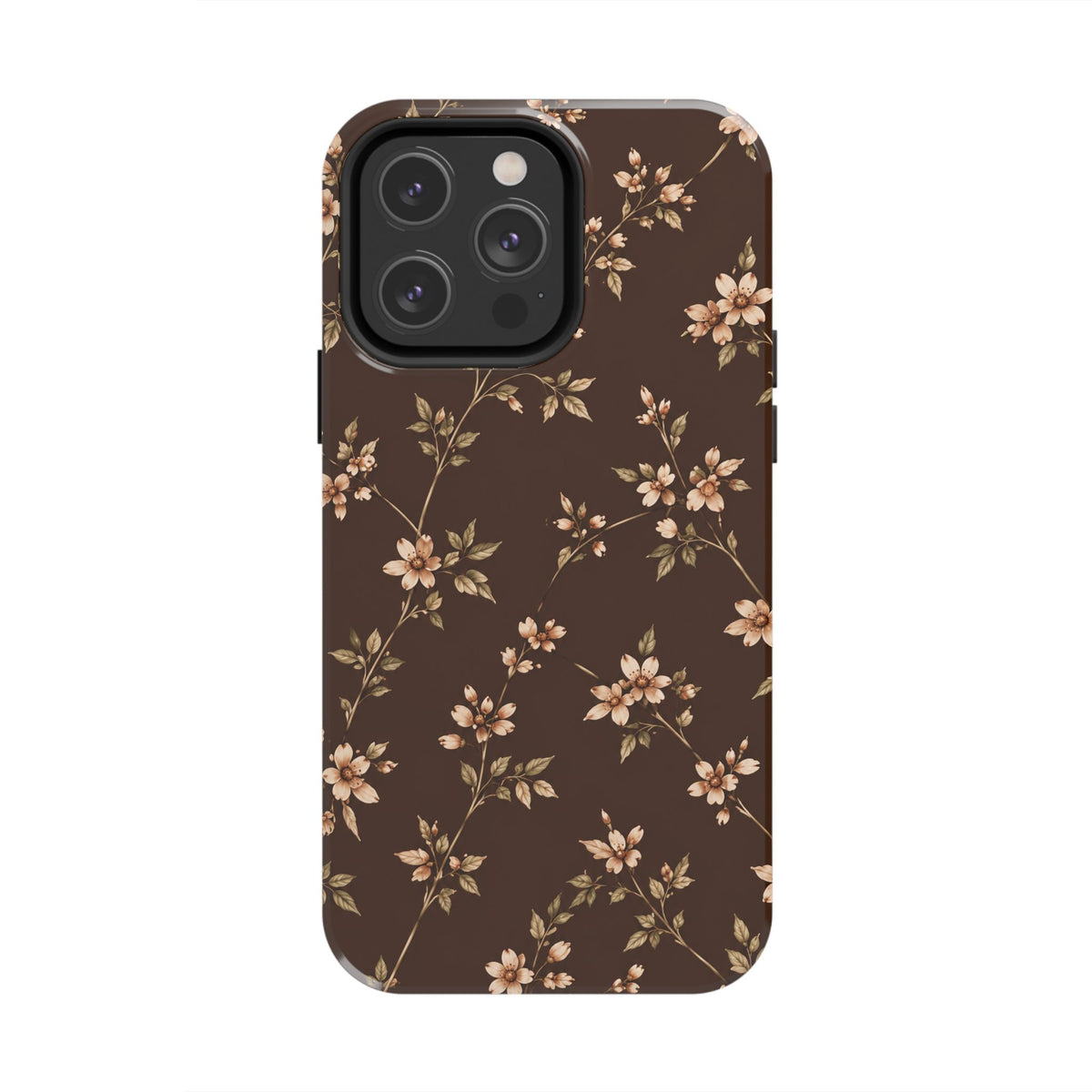Floral Brown Tough Phone Case — Vintage Cherry Blossom Protective Cover