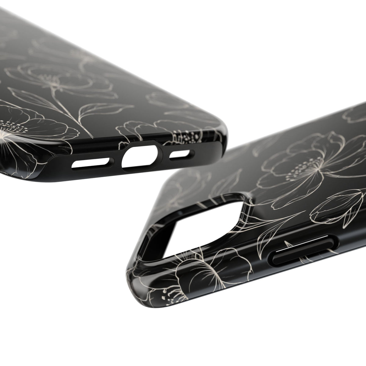 Black Floral Tough Phone Case – White Line Art Flowers Protective Cover