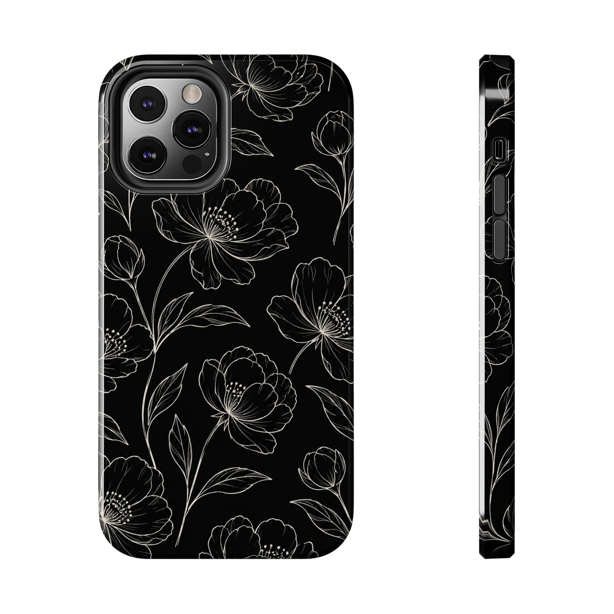 Black Floral Tough Phone Case – White Line Art Flowers Protective Cover