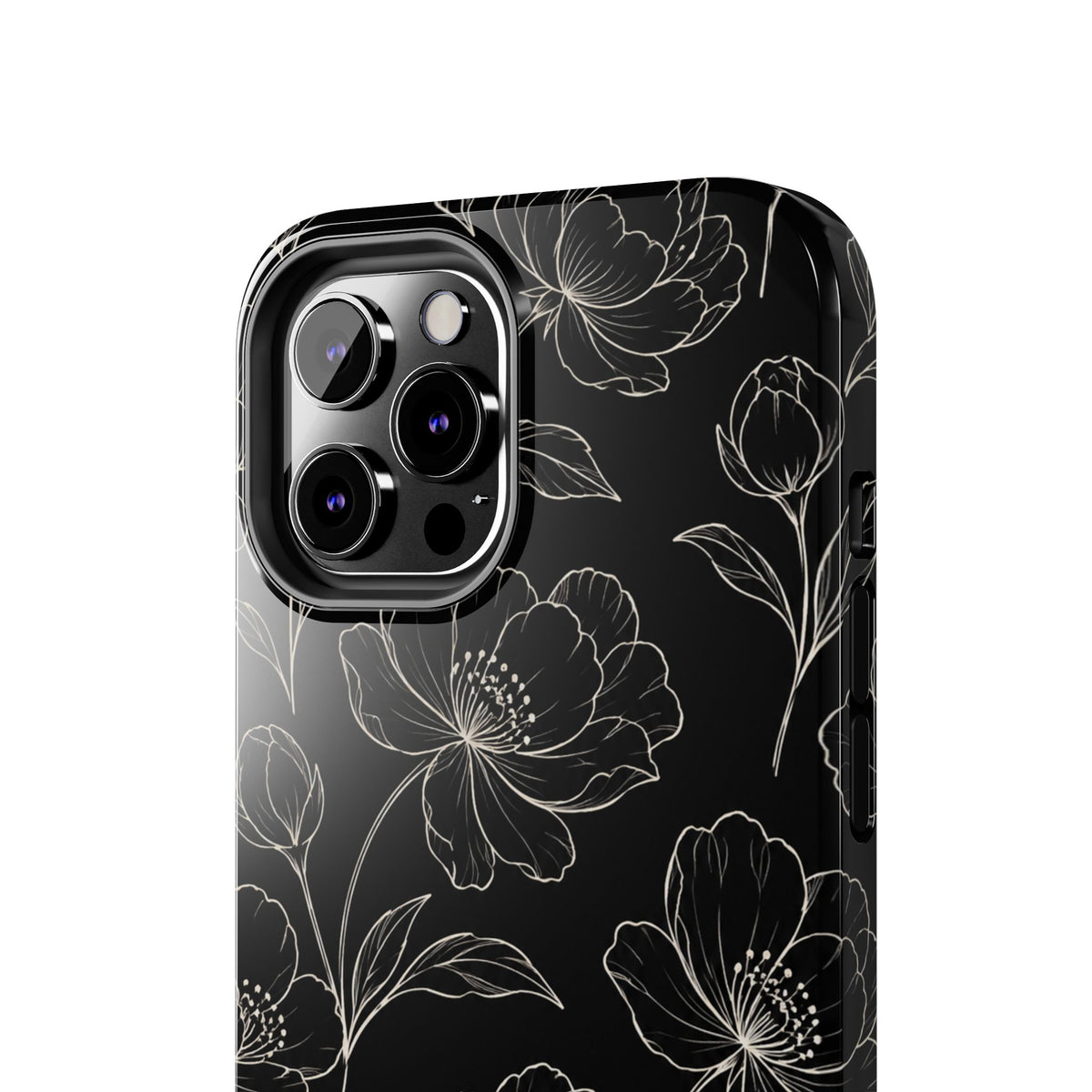 Black Floral Tough Phone Case – White Line Art Flowers Protective Cover