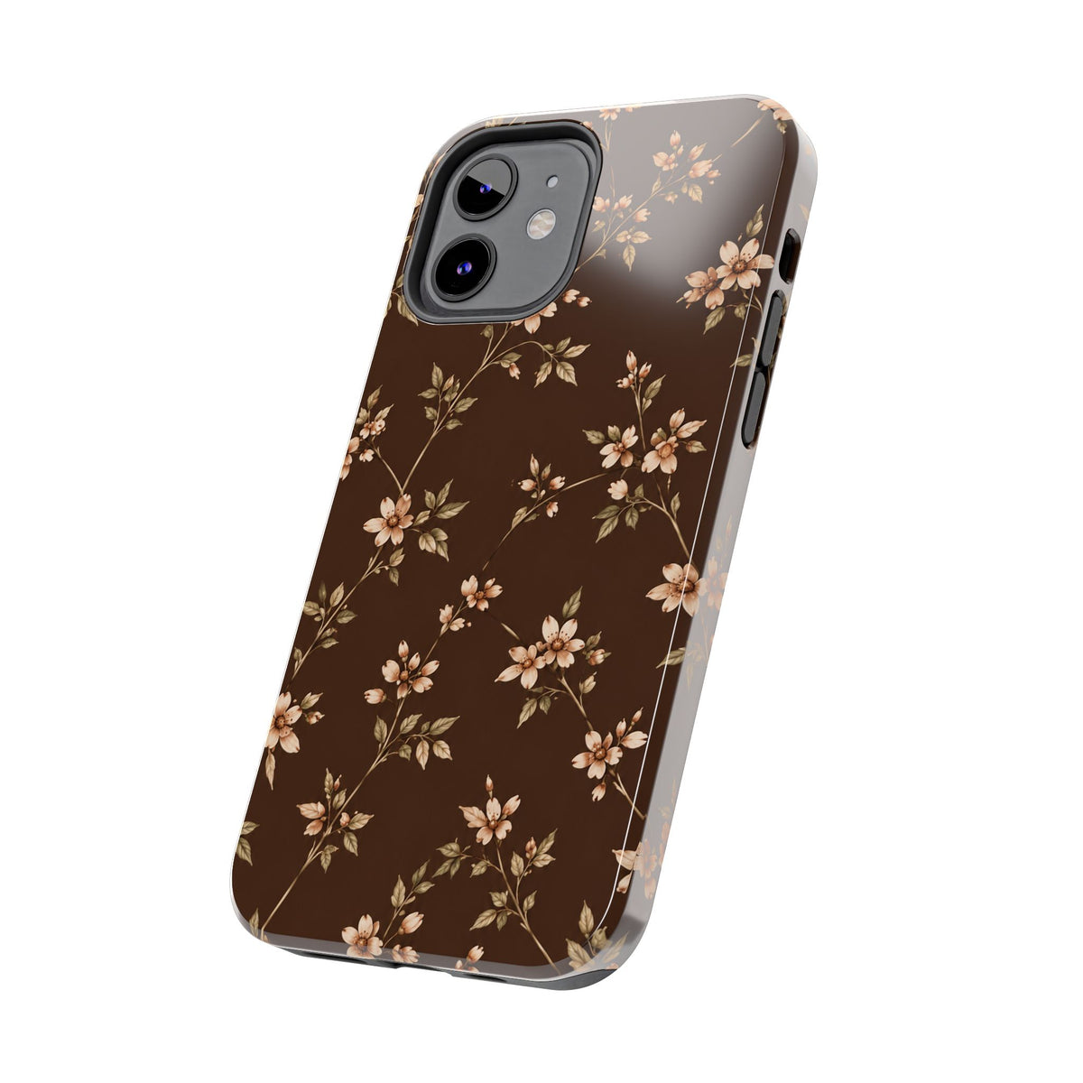 Floral Brown Tough Phone Case — Vintage Cherry Blossom Protective Cover